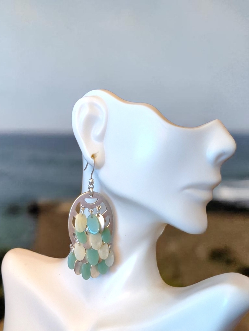 Teardrop Dangle Earrings in Seafoam Green and Cream
